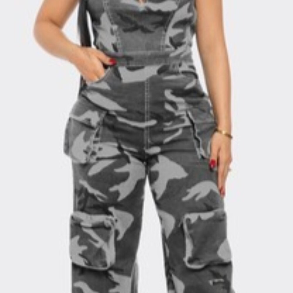 Camo Strapless Tube Cargo Utility Jumpsuit